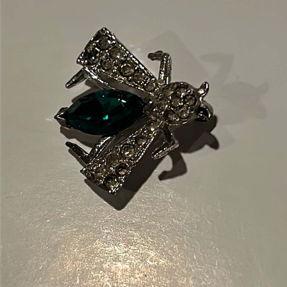 Vintage Silver Bee Brooch Pin with Green Stone